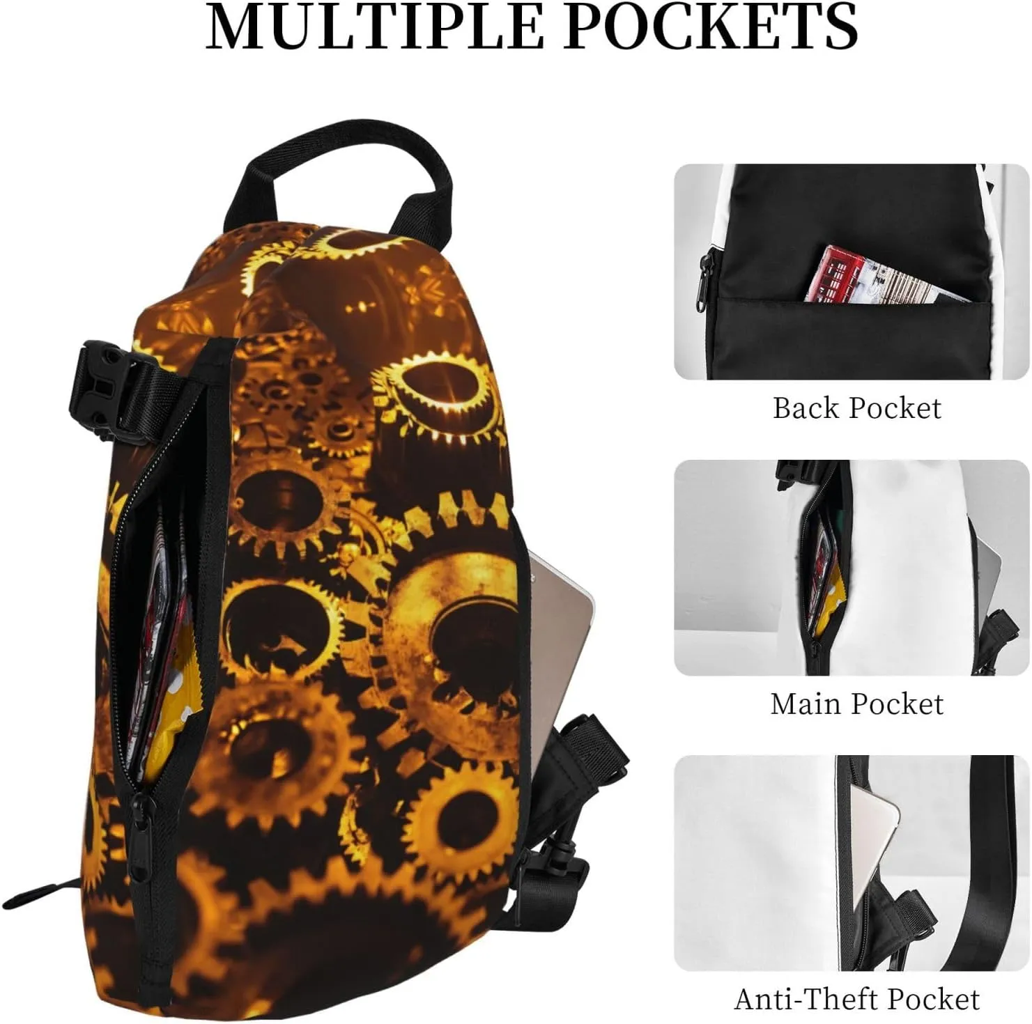 WURTON Gears Clock Bronze Century Print Crossbody Backpack Cross Pack Lightweight Sling Bag Travel, Hiking
