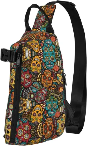 WURTON Sugar And Skulls Style Print Crossbody Backpack Cross Pack Lightweight Sling Bag Travel, Hiking