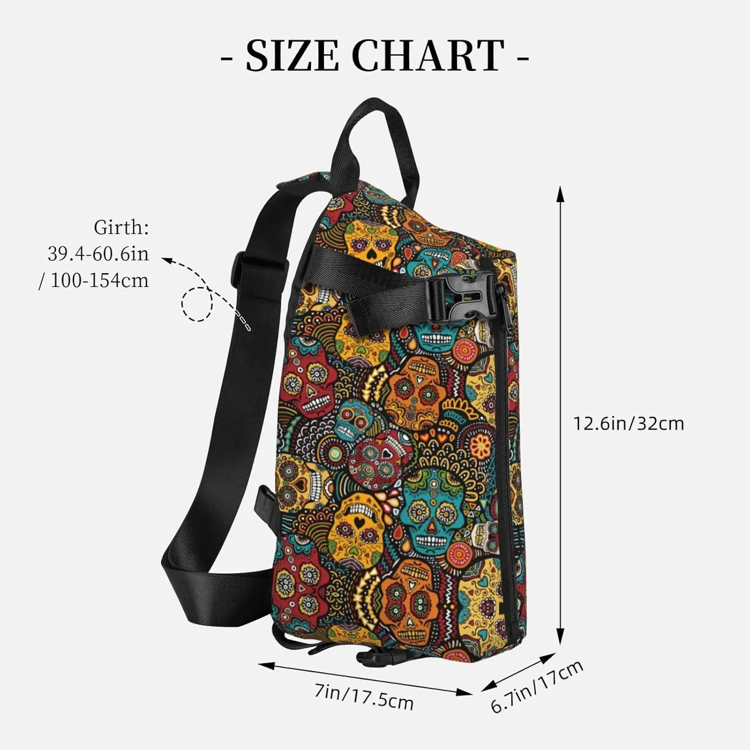 WURTON Sugar And Skulls Style Print Crossbody Backpack Cross Pack Lightweight Sling Bag Travel, Hiking
