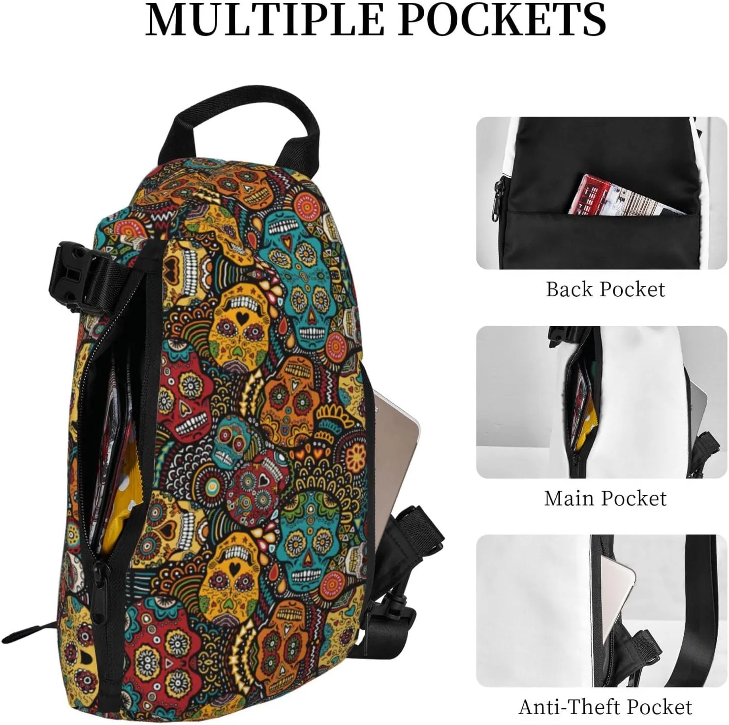 WURTON Sugar And Skulls Style Print Crossbody Backpack Cross Pack Lightweight Sling Bag Travel, Hiking