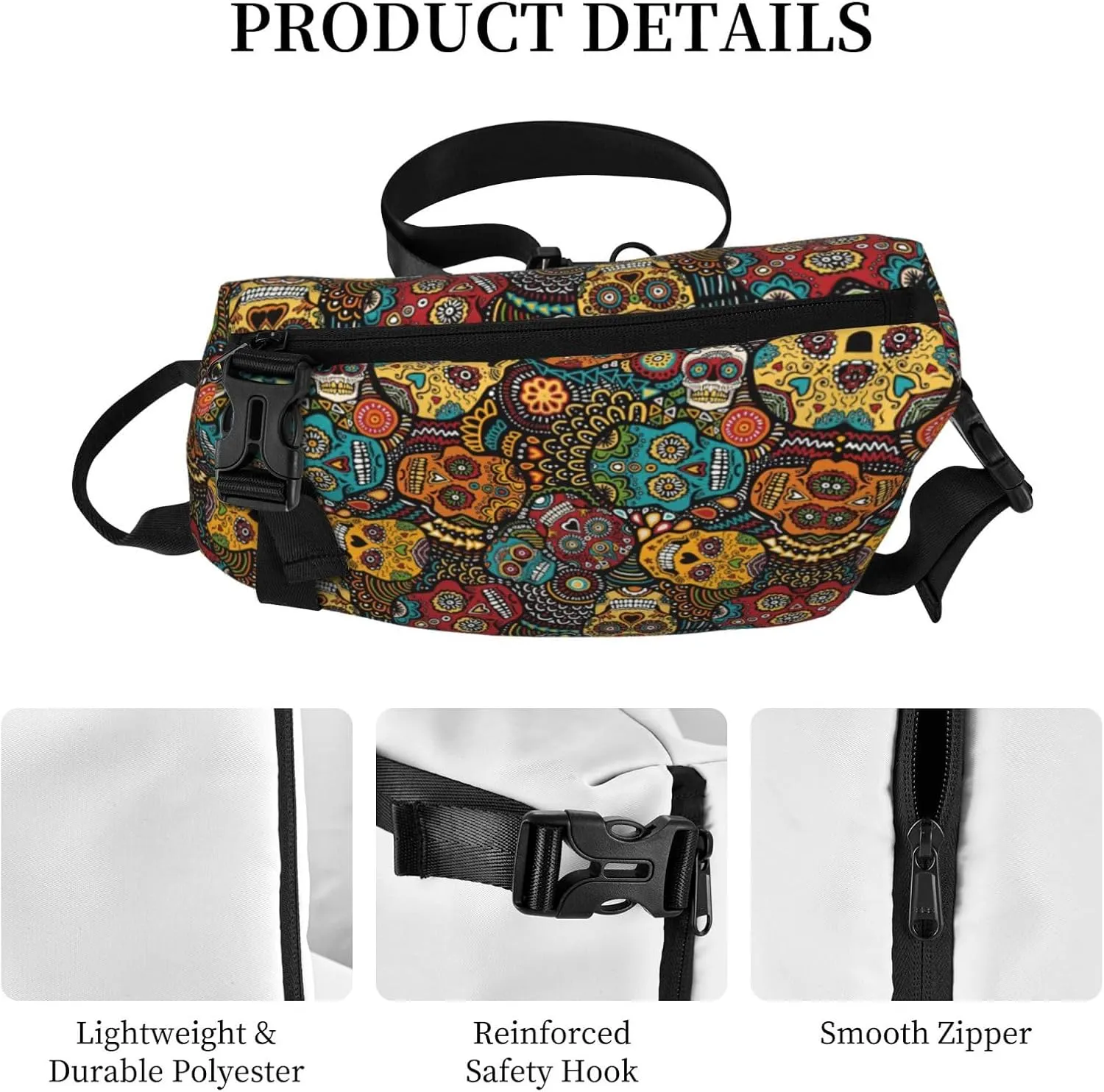 WURTON Sugar And Skulls Style Print Crossbody Backpack Cross Pack Lightweight Sling Bag Travel, Hiking