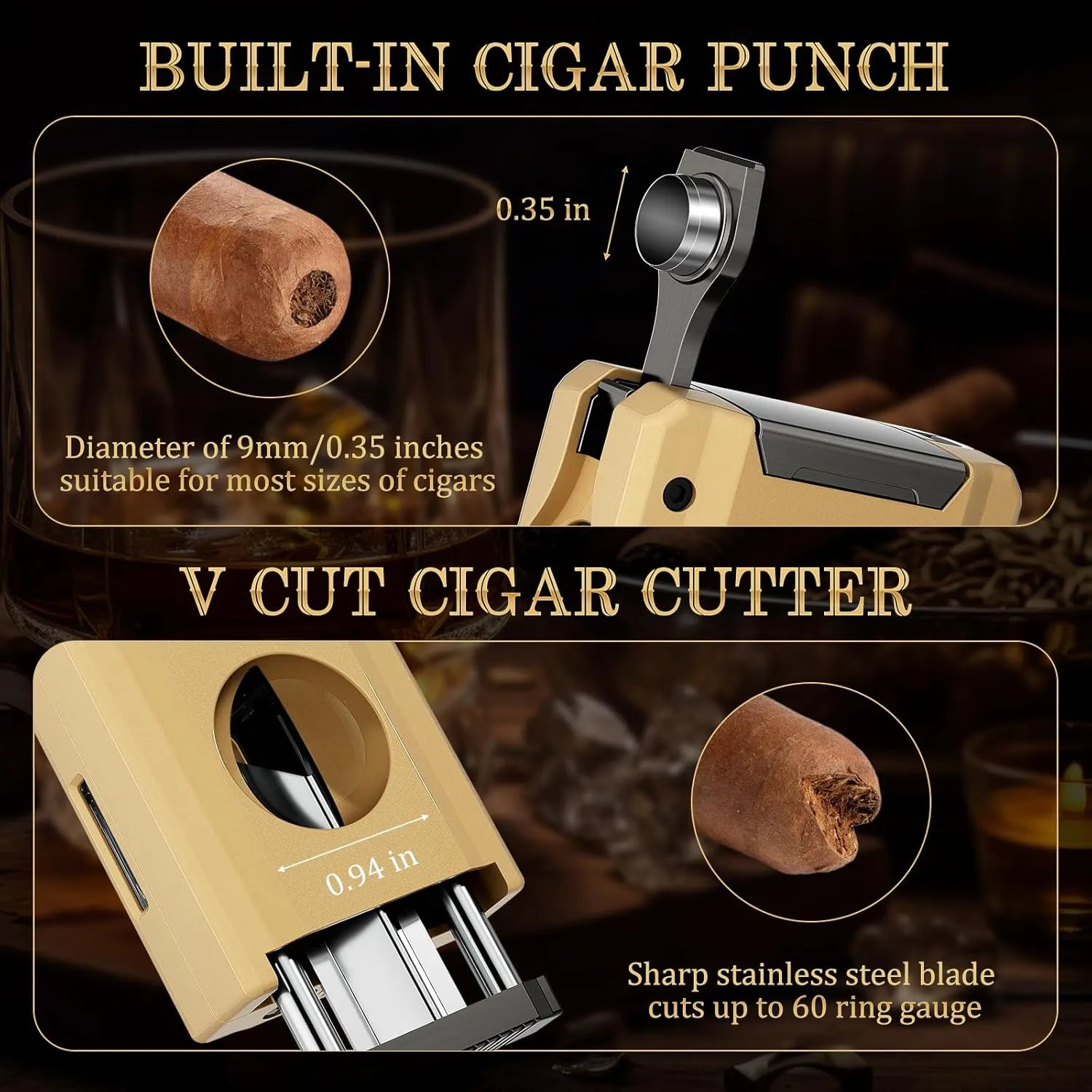 XIFEI Cigar Lighter, 5-in-1 Multifunctional Torch Lighter with Cigar Cutter, Built-in Cigar Punch, Cigar Holder, Cigar Draw Enhancer, Refillable Triple Jet Flame Windproof Smoking Lighters (Gold)