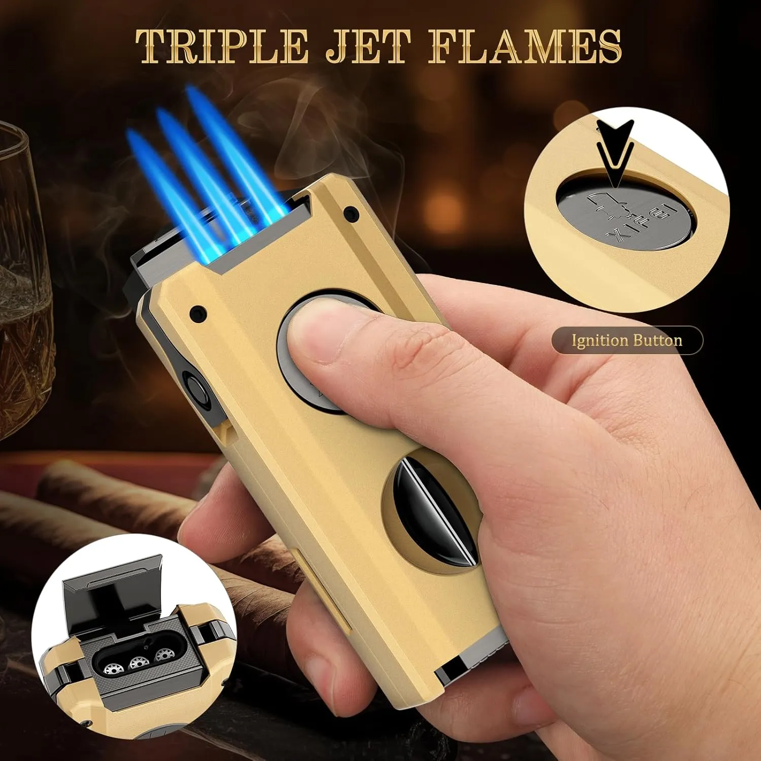 XIFEI Cigar Lighter, 5-in-1 Multifunctional Torch Lighter with Cigar Cutter, Built-in Cigar Punch, Cigar Holder, Cigar Draw Enhancer, Refillable Triple Jet Flame Windproof Smoking Lighters (Gold)