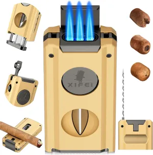 XIFEI Cigar Lighter, 5-in-1 Multifunctional Torch Lighter with Cigar Cutter, Built-in Cigar Punch, Cigar Holder, Cigar Draw Enhancer, Refillable Triple Jet Flame Windproof Smoking Lighters (Gold)