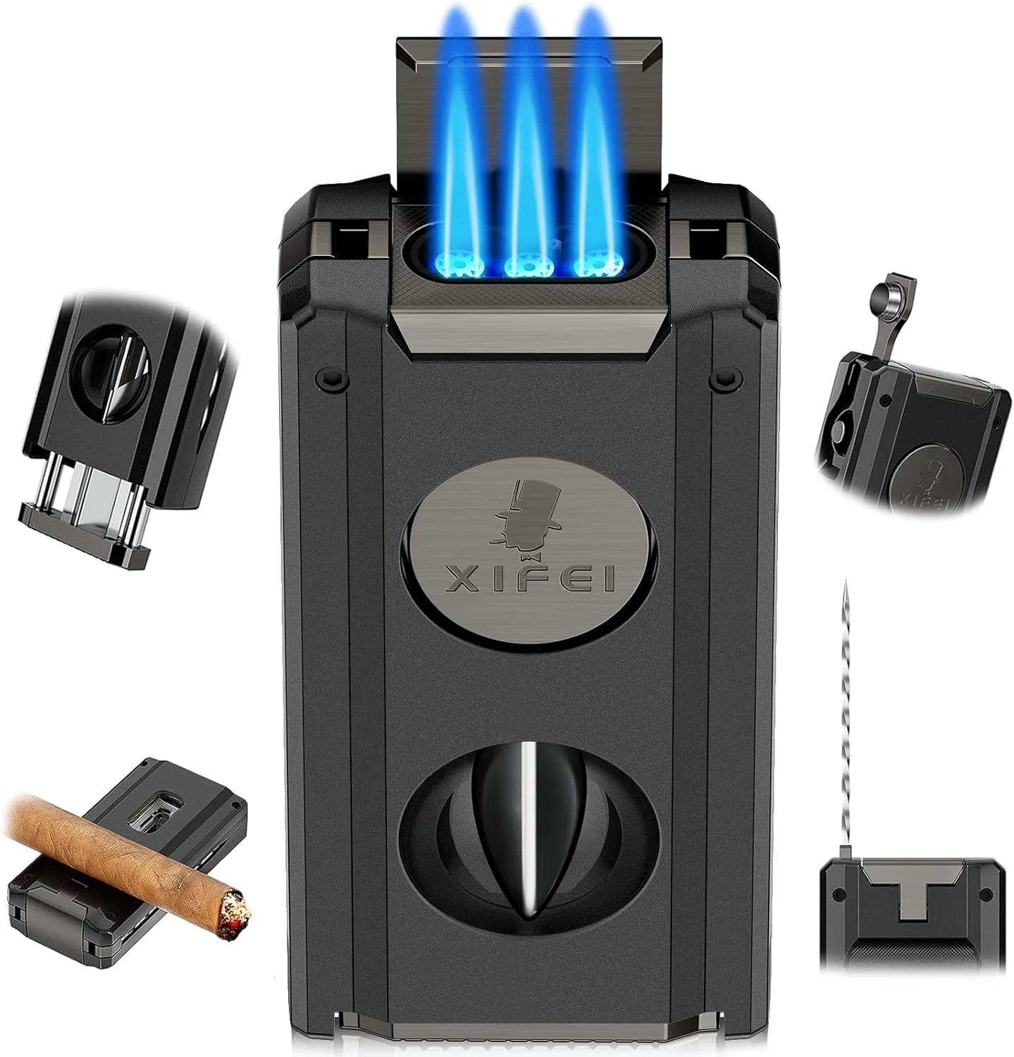 XIFEI Cigar Torch Lighter, 5-in-1 Refillable Butane Lighter with Cigar Cutter V Cut, Cigar Punch, Cigar Draw Enhancer, Cigar Holder, Multifunctional Windproof Lighters Triple Jet Flame (Black)