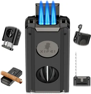XIFEI Cigar Torch Lighter, 5-in-1 Refillable Butane Lighter with Cigar Cutter V Cut, Cigar Punch, Cigar Draw Enhancer, Cigar Holder, Multifunctional Windproof Lighters Triple Jet Flame (Black)