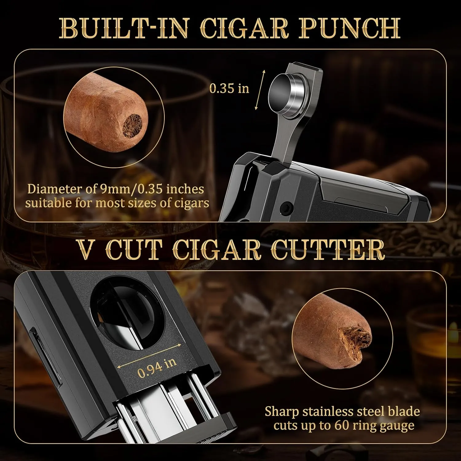 XIFEI Cigar Torch Lighter, 5-in-1 Refillable Butane Lighter with Cigar Cutter V Cut, Cigar Punch, Cigar Draw Enhancer, Cigar Holder, Multifunctional Windproof Lighters Triple Jet Flame (Black)