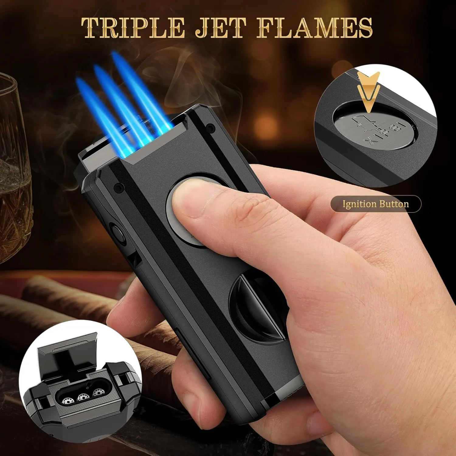 XIFEI Cigar Torch Lighter, 5-in-1 Refillable Butane Lighter with Cigar Cutter V Cut, Cigar Punch, Cigar Draw Enhancer, Cigar Holder, Multifunctional Windproof Lighters Triple Jet Flame (Black)