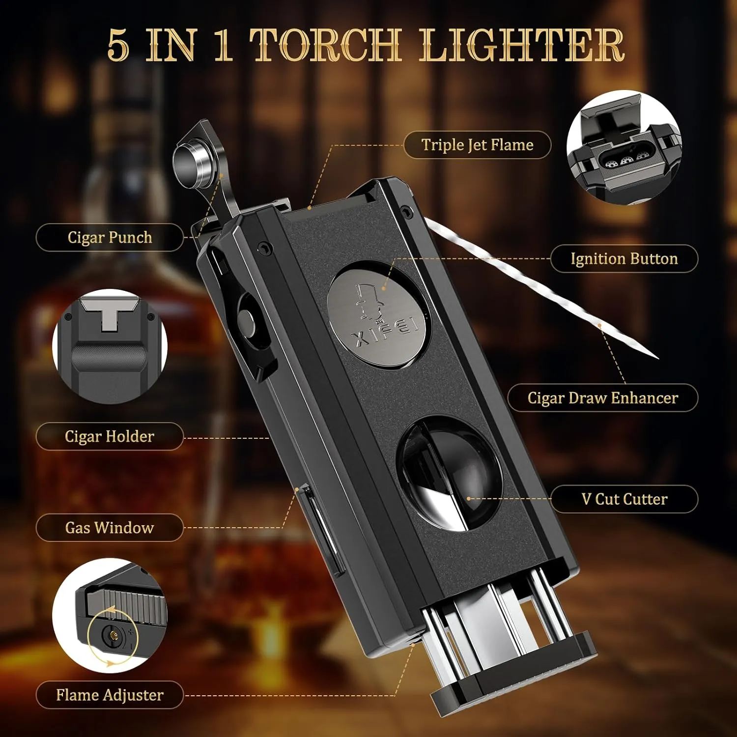 XIFEI Cigar Torch Lighter, 5-in-1 Refillable Butane Lighter with Cigar Cutter V Cut, Cigar Punch, Cigar Draw Enhancer, Cigar Holder, Multifunctional Windproof Lighters Triple Jet Flame (Black)