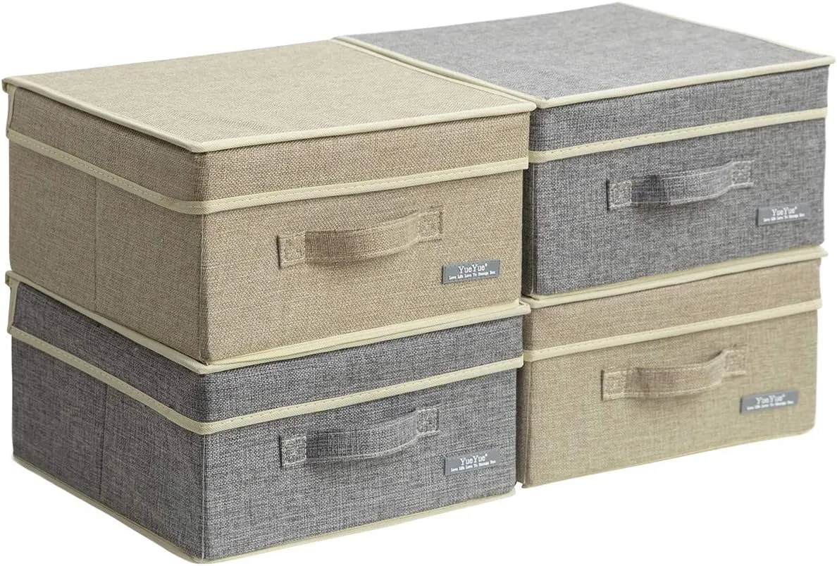 YueYue 4 Pack Small Fabric Storage Box with Lids, Foldable Linen Storage Box with Lids 4 Pieces Gray&Linen Set 12.4in/12in/6.7in