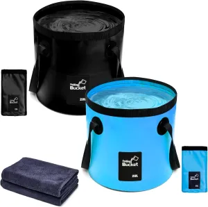 Yunlly 2 Pcs 5 Gallon Collapsible Bucket with 2 Towels Portable Water Bucket with Handles Foldable Water Container for Camping Fishing Outdoor Gardening Car Washing Travelling