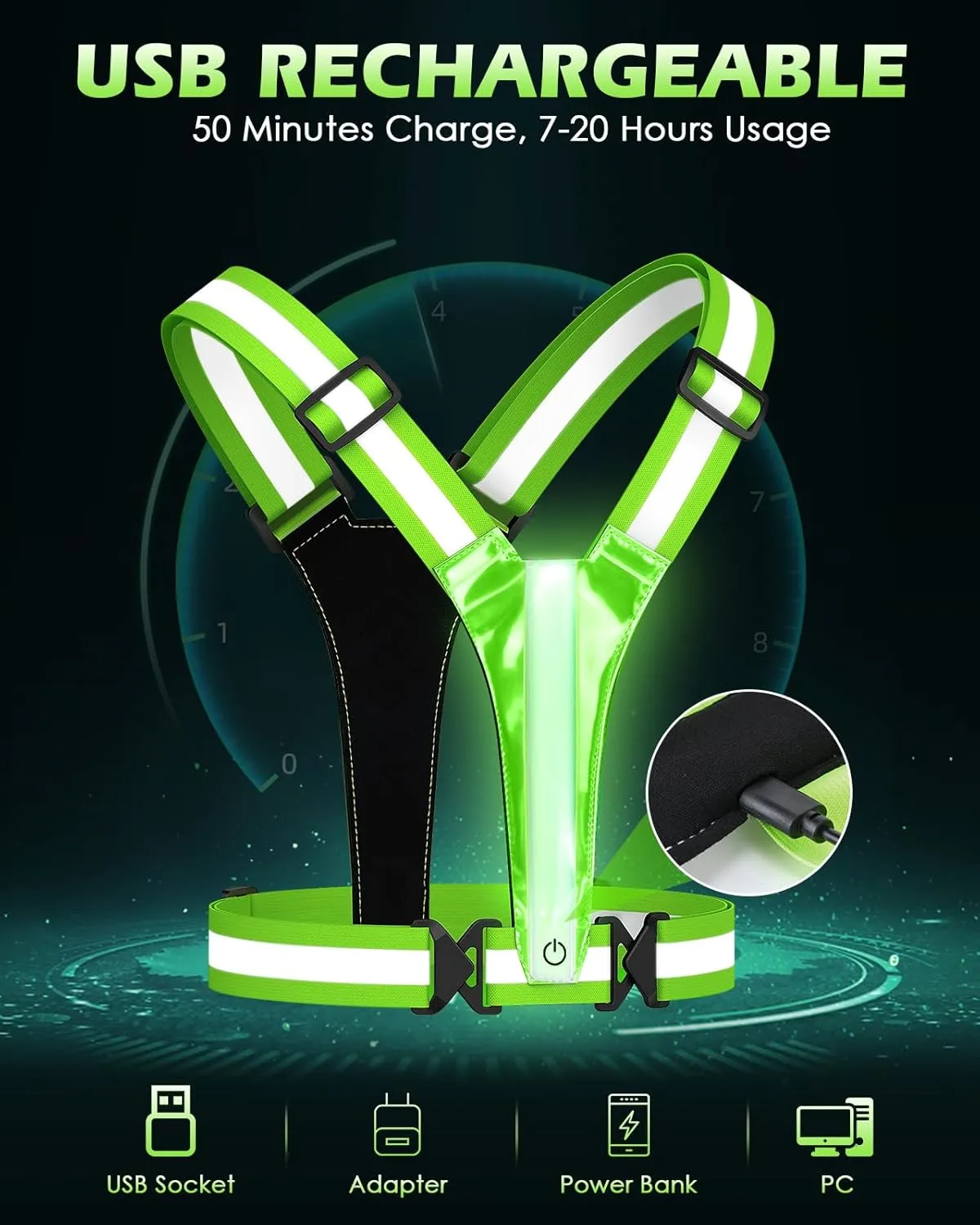 Zacro LED Reflective Vest Running Gear, 5 Lights Colors High Visibility Reflective Running Gear Rechargeable Light Up Running Vest for Walking Running Cycling, Adjustable for Men Women Kids