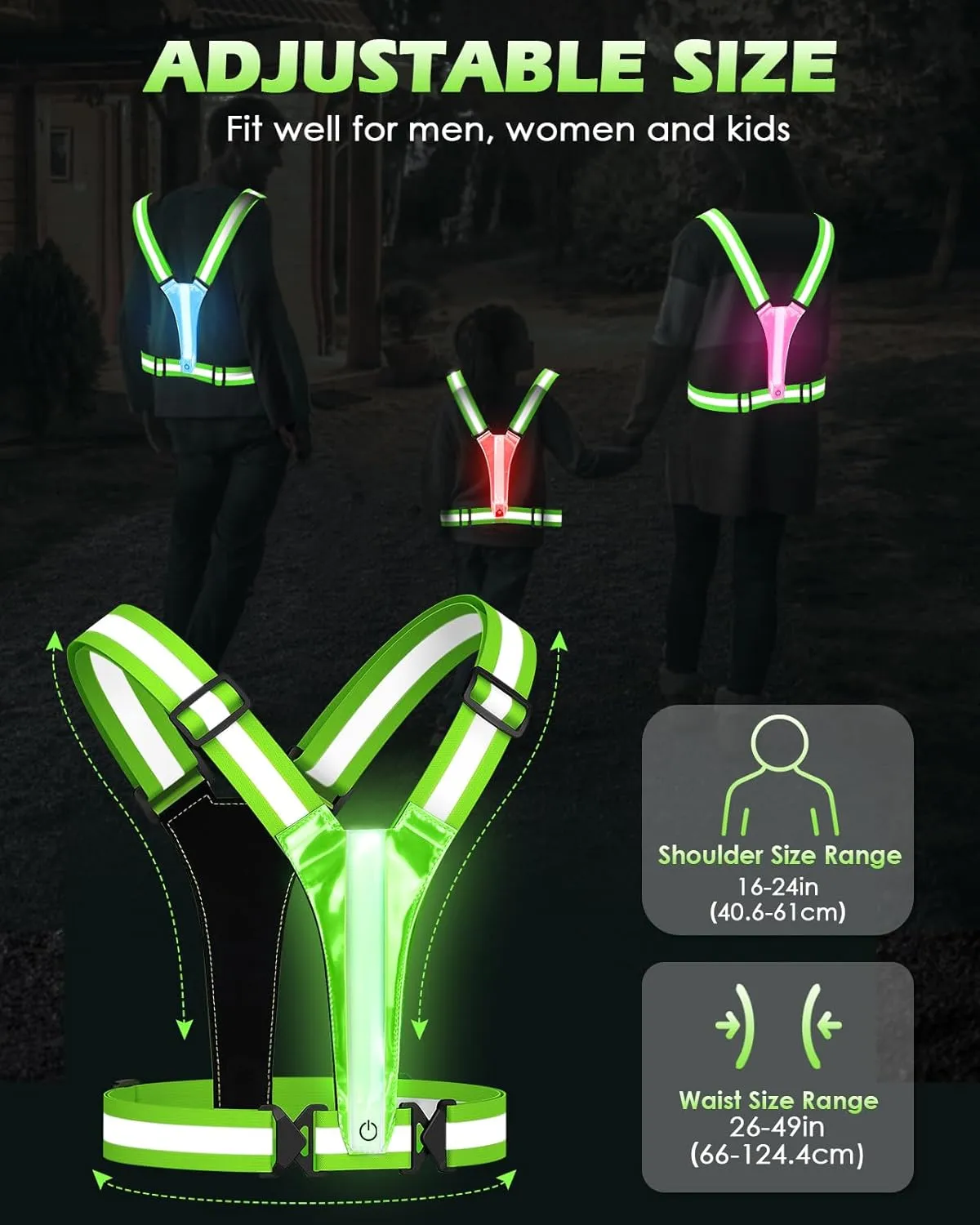 Zacro LED Reflective Vest Running Gear, 5 Lights Colors High Visibility Reflective Running Gear Rechargeable Light Up Running Vest for Walking Running Cycling, Adjustable for Men Women Kids