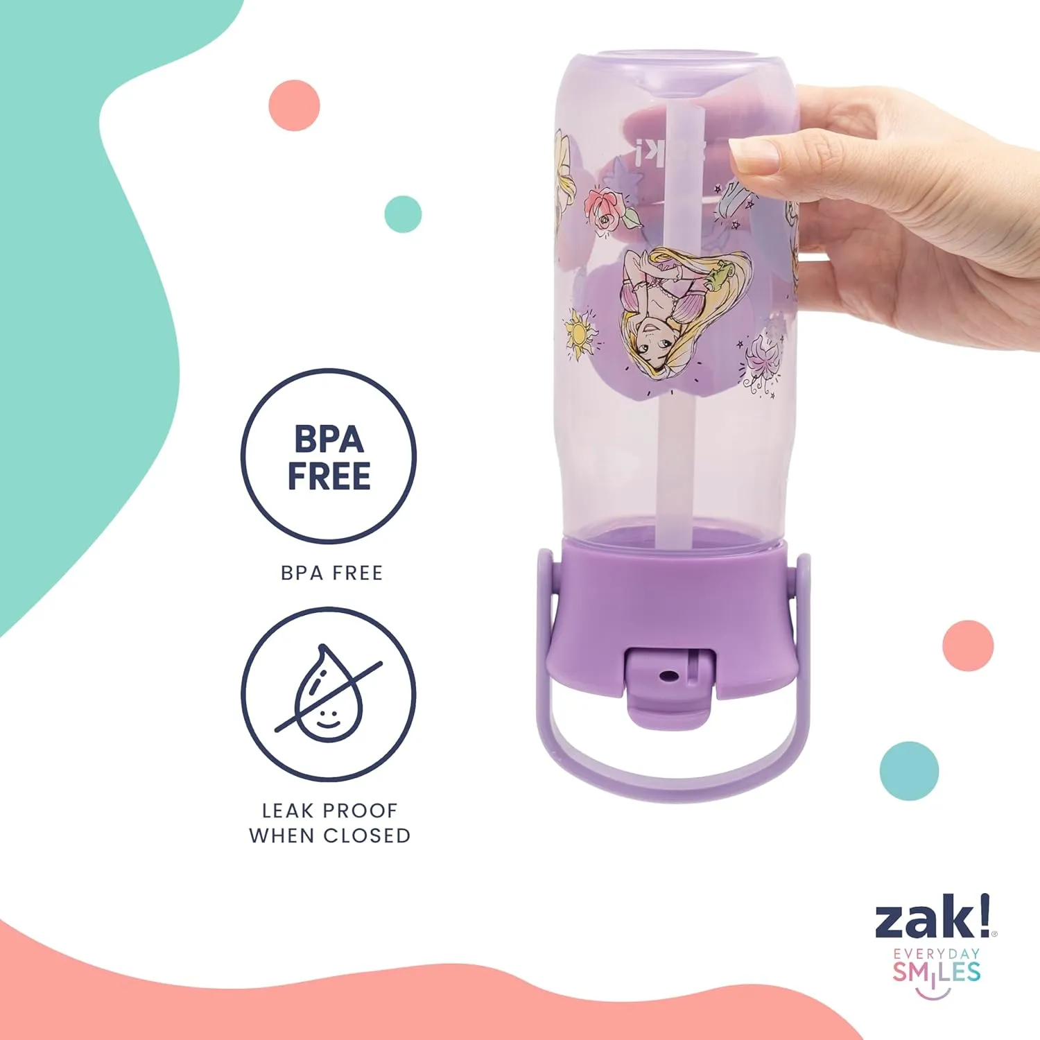 Zak Designs Harmony Disney Princess Water Bottle for Travel or At Home, 18oz Recycled Plastic is Leak-Proof When Closed with Straw Lid and Carry Handle, 2-Pack (Disney Princess)