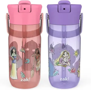 Zak Designs Harmony Disney Princess Water Bottle for Travel or At Home, 18oz Recycled Plastic is Leak-Proof When Closed with Straw Lid and Carry Handle, 2-Pack (Disney Princess)