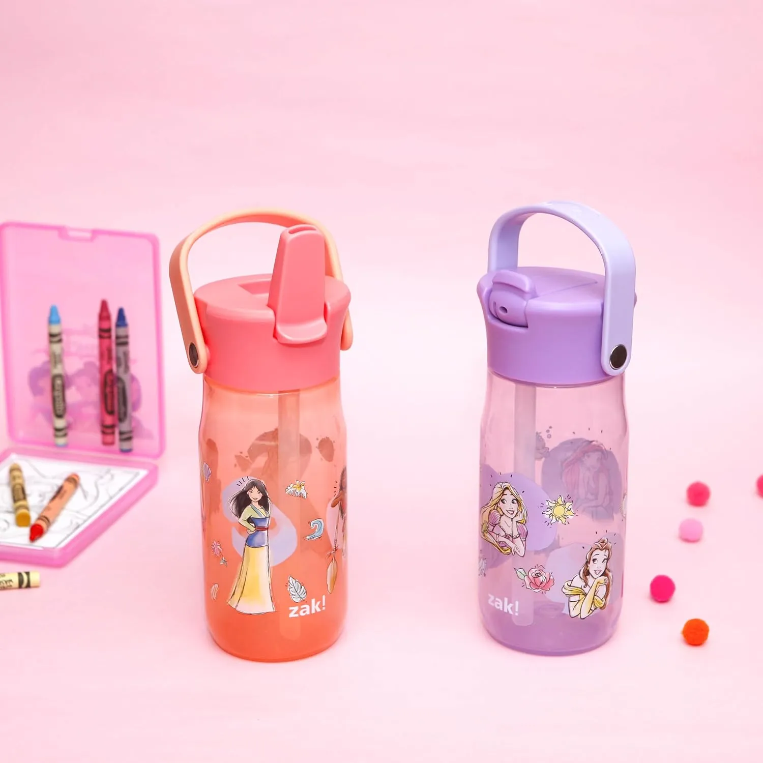 Zak Designs Harmony Disney Princess Water Bottle for Travel or At Home, 18oz Recycled Plastic is Leak-Proof When Closed with Straw Lid and Carry Handle, 2-Pack (Disney Princess)