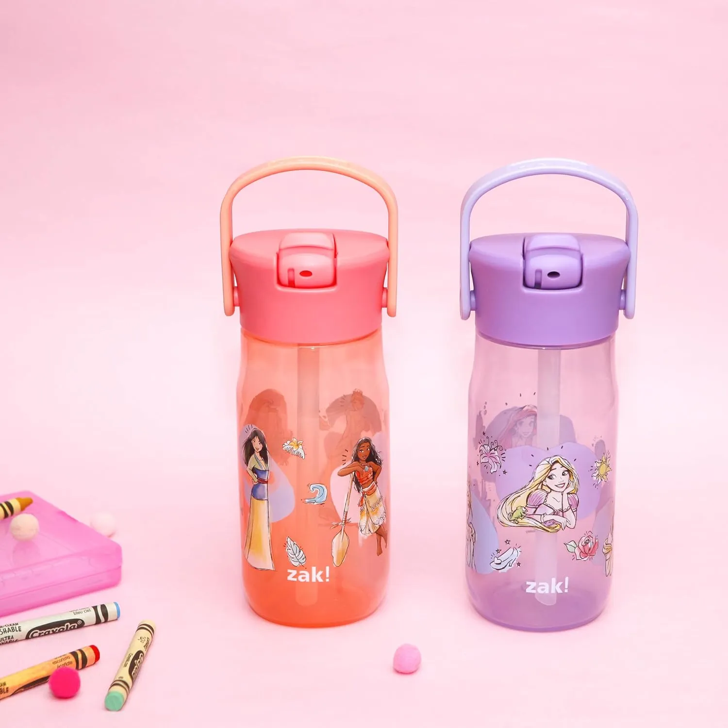 Zak Designs Harmony Disney Princess Water Bottle for Travel or At Home, 18oz Recycled Plastic is Leak-Proof When Closed with Straw Lid and Carry Handle, 2-Pack (Disney Princess)