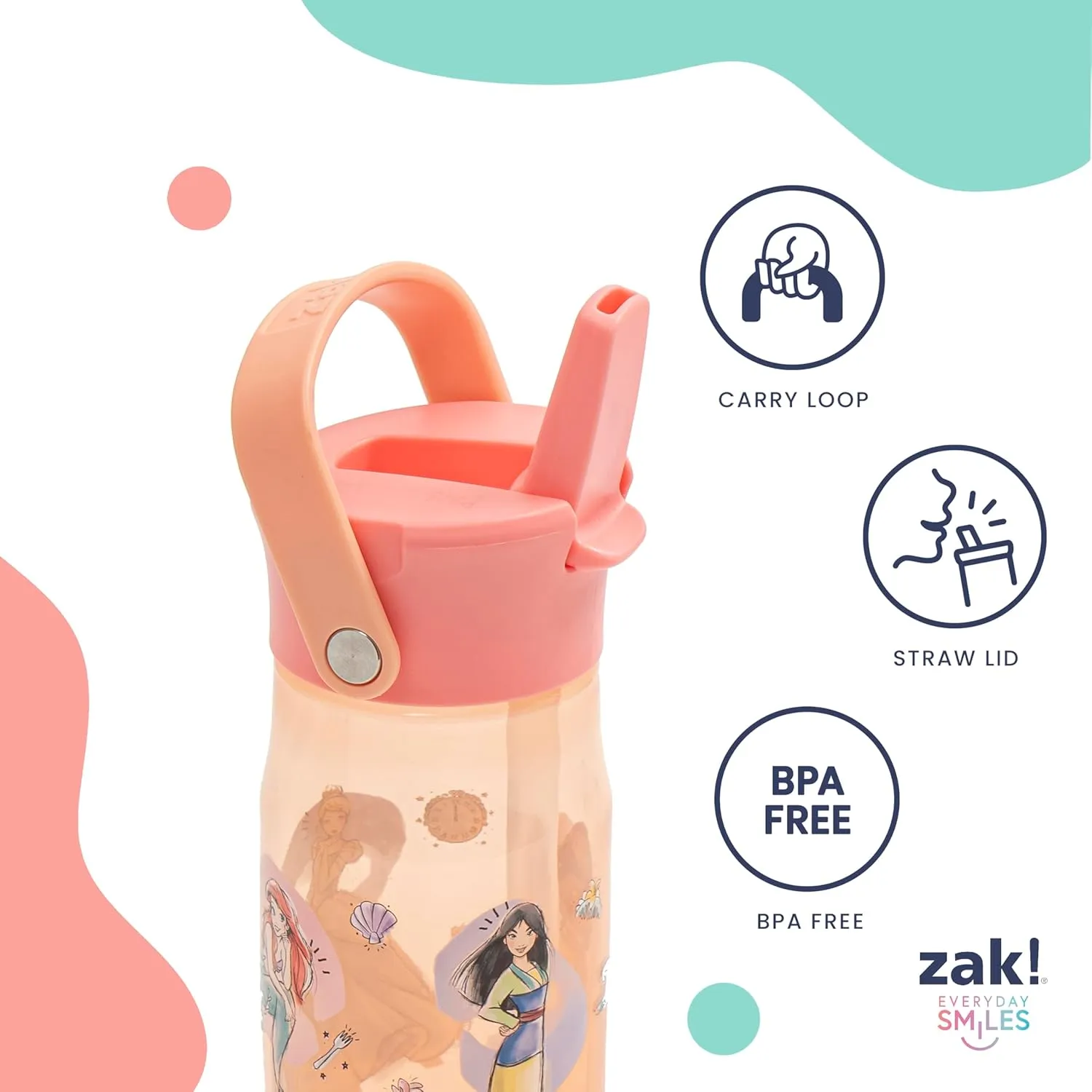Zak Designs Harmony Disney Princess Water Bottle for Travel or At Home, 18oz Recycled Plastic is Leak-Proof When Closed with Straw Lid and Carry Handle, 2-Pack (Disney Princess)