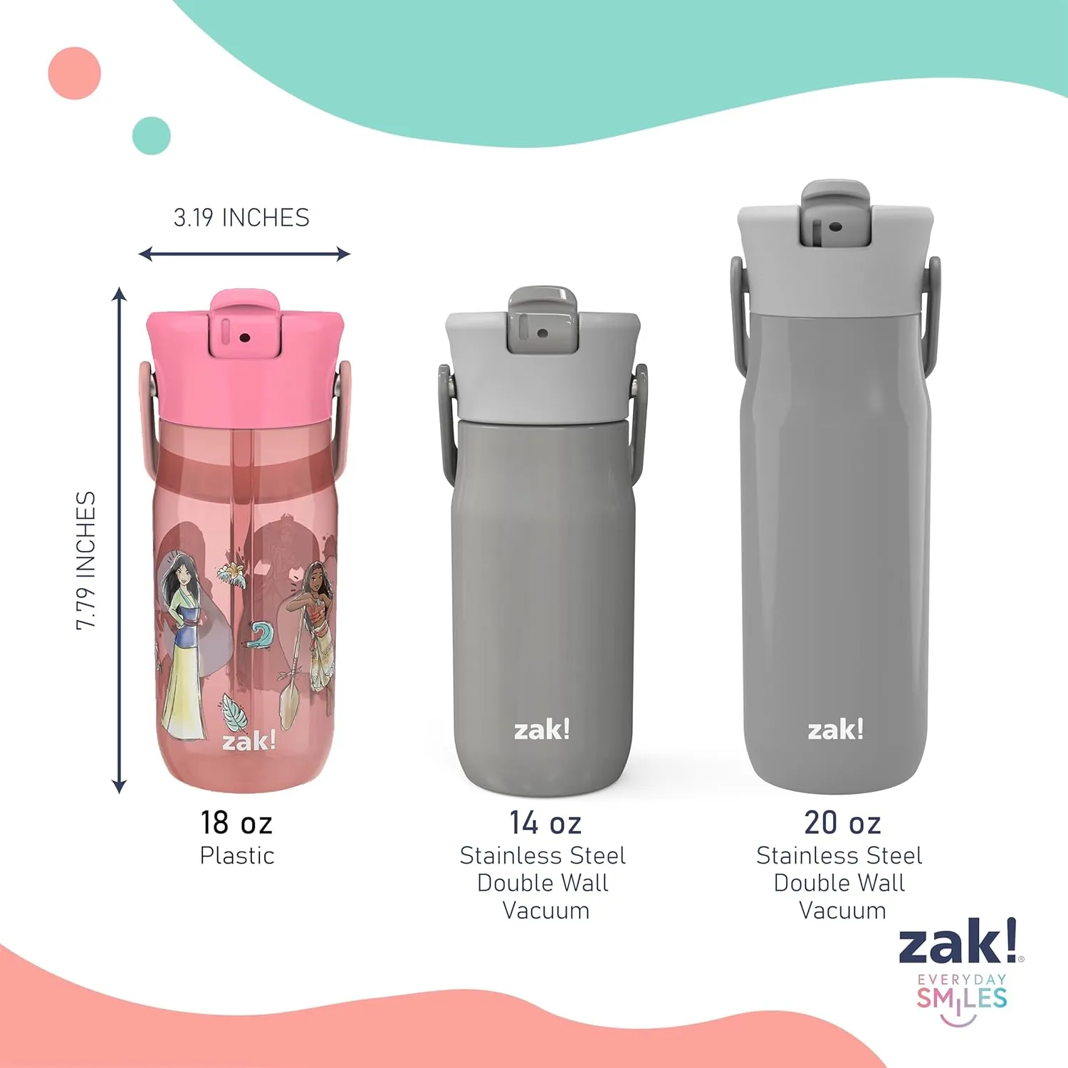 Zak Designs Harmony Disney Princess Water Bottle for Travel or At Home, 18oz Recycled Plastic is Leak-Proof When Closed with Straw Lid and Carry Handle, 2-Pack (Disney Princess)