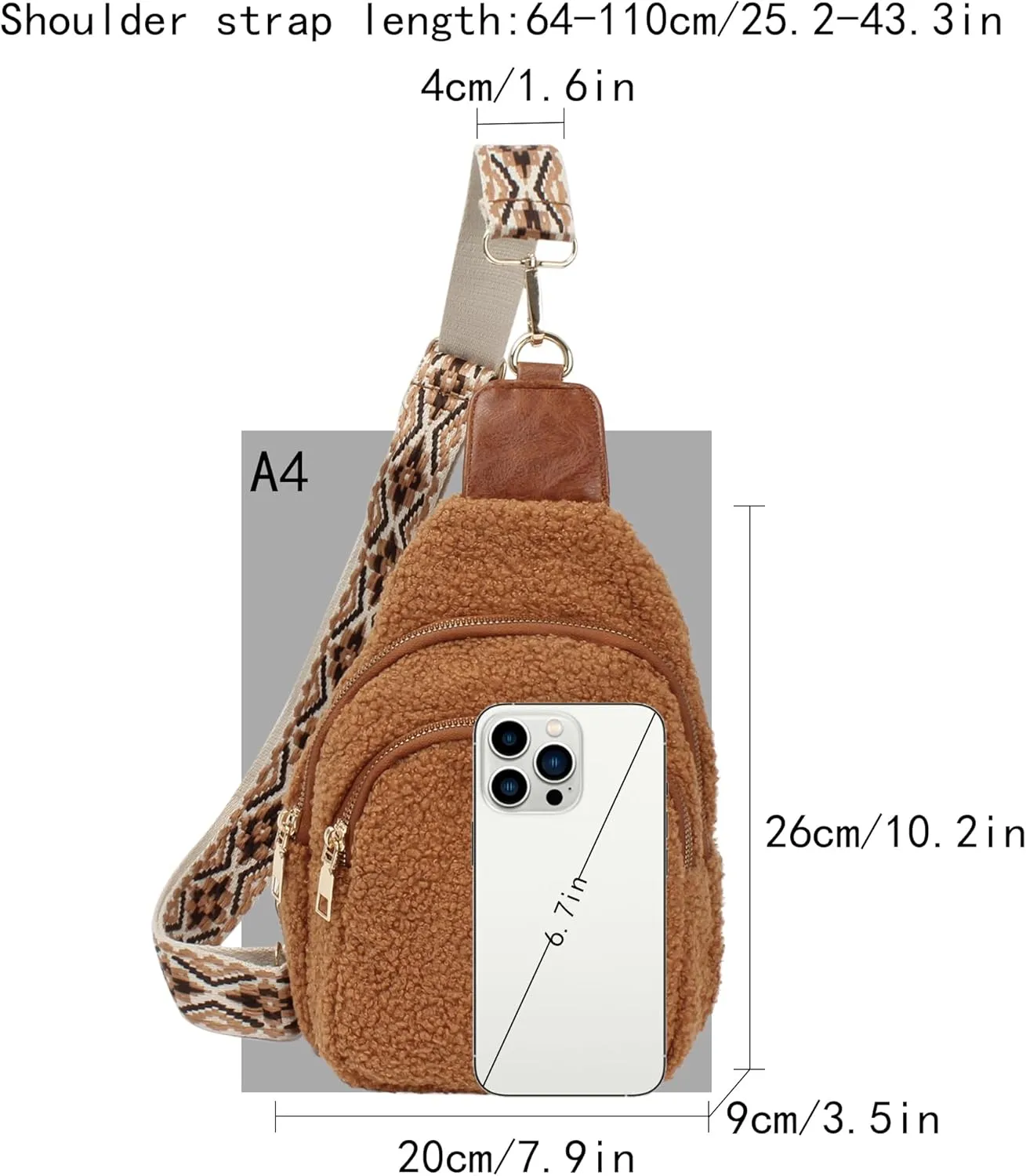 ZLM BAG US Sherpa Fleece Crossbody Sling Backpack Small Travel Fanny Pack Chest Bag Multipurpose Hiking Daypack