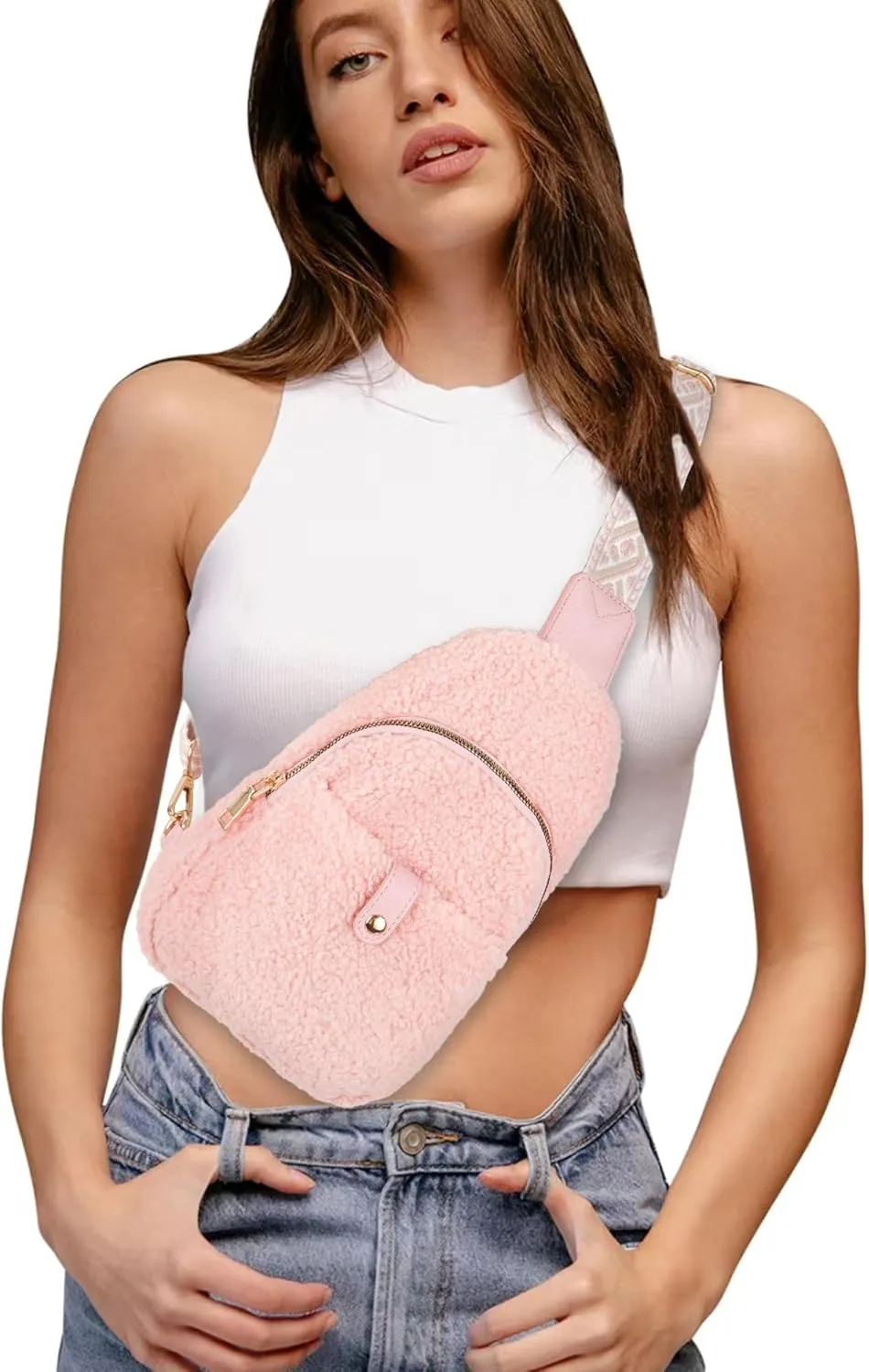 ZLM BAG US Sherpa Fleece Crossbody Sling Backpack Small Travel Fanny Pack Chest Bag Multipurpose Hiking Daypack
